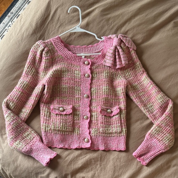 LoveShackFancy Sweaters - LoveShackFancy Pink, Cream, and Gold Plaid Cardigan